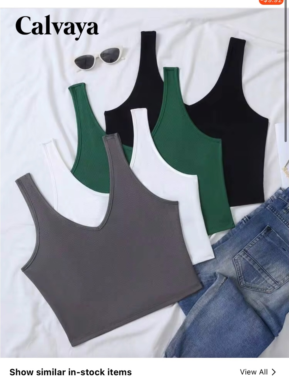 6 Pack of Everyday Ribbed Tank Crop Top - White, Black, Forest Green, Gray